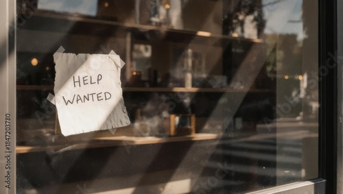 Help Wanted Sign on Storefront Window Reflecting Interior.