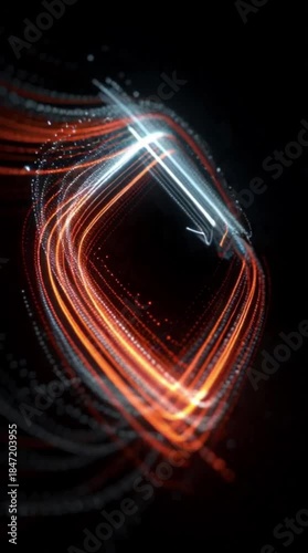 Vibrant orange and cool blue light trails weave through a dark void, symbolizing digital data streams.