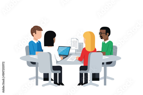 A vector illustration depicts a business meeting with diverse individuals around a table
