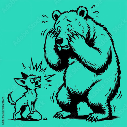 Small dog shows big bear who is boss in funny scene in color: mint