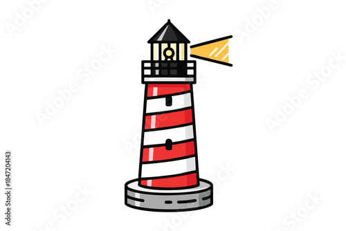 Animated red-and-white striped lighthouse emitting light, cartoon style on white background