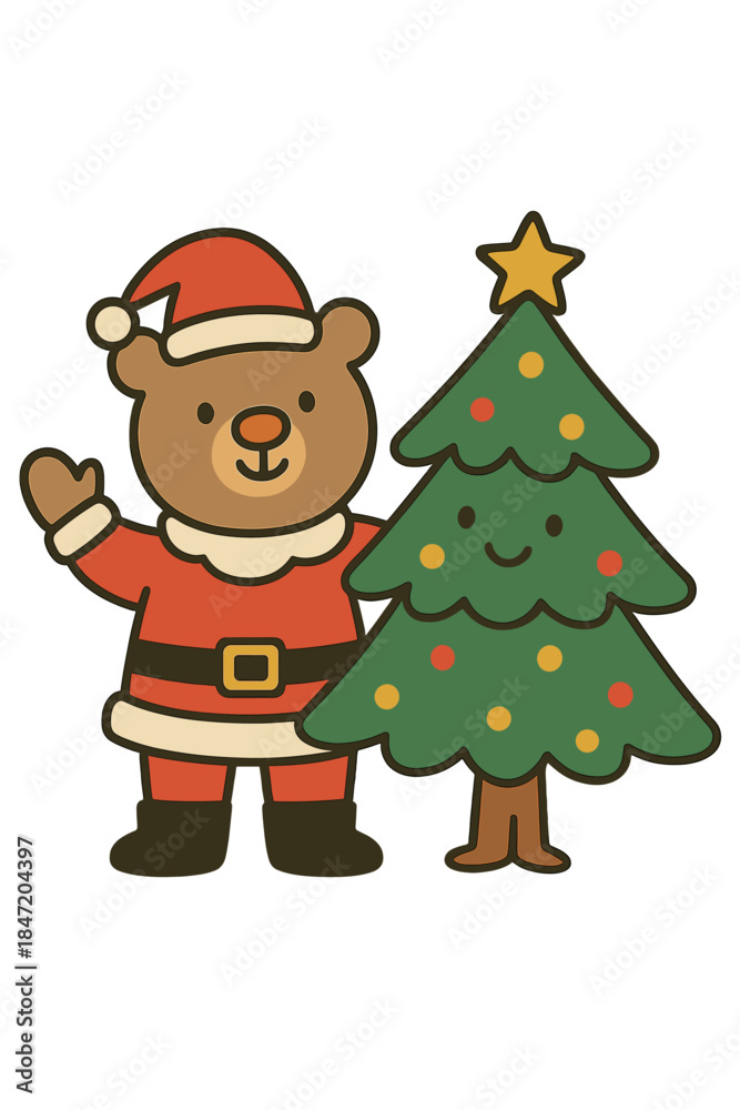 Fototapeta premium A vector illustration in a simple hand‑drawn, trendy, playful, whimsical, quirky style featuring a funny and friendly mascot for Christmas and New Year prints, cards, and banners