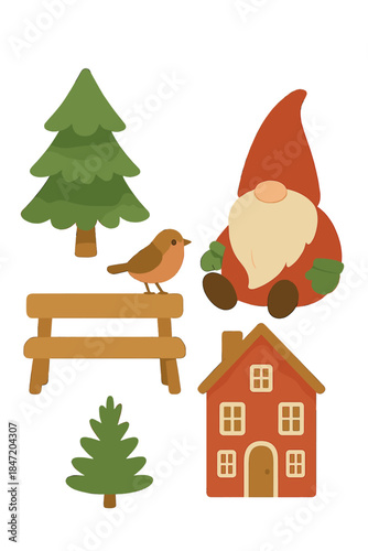 Adorable Christmas gnome, wooden bench, bird, and a Scandinavian house set against a white background, featuring a tree, house, and Santa, along with humorous cartoon characters rendered in