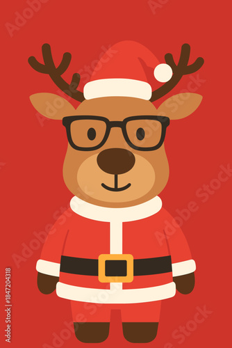 A reindeer wearing glasses, set against a red background, dressed in a Christmas costume