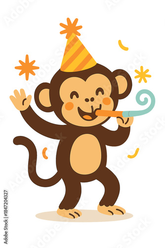 A humorous monkey greets the New Year wearing a party hat and blowing a horn, a  image of a cute chimp celebrating