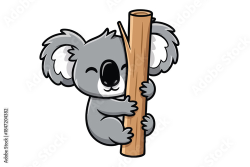 A cartoon koala hugs a tree branch, smiling on a white backdrop, simple design