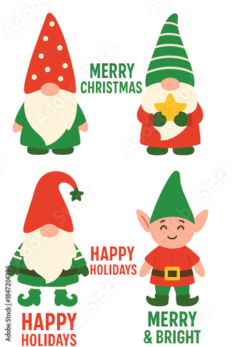 A vector set of Christmas gnomes, Christmas quotes, and a cute elf isolated on white