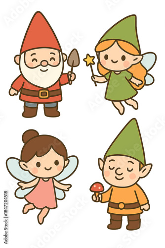 Cartoon-style, adorable garden gnomes and elves, featuring whimsical fairies suitable for children, with a kawaii gnome and magical elf design presented as a vector illustration