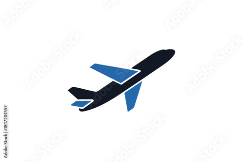 A stylized graphic of an airplane, with blue wings and tail on a white background