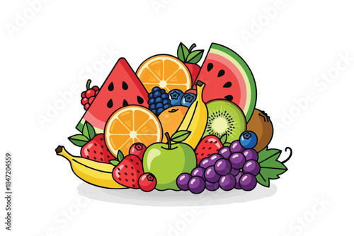 A colorful, cartoon-style still life with fruits like watermelon, oranges, kiwi, and grapes