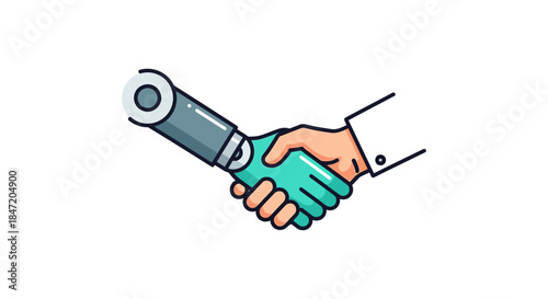 human handshake with robot arm illustration showing partnership and trust in artificial intelligence technology for business collaboration