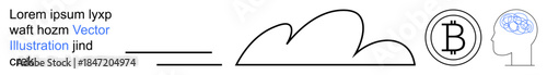 Technology, cloud storage, cryptocurrency, digital thinking, blockchain, innovation. Line art of a cloud, Bitcoin symbol and head with a brain. Cloud storage and cryptocurrency concept