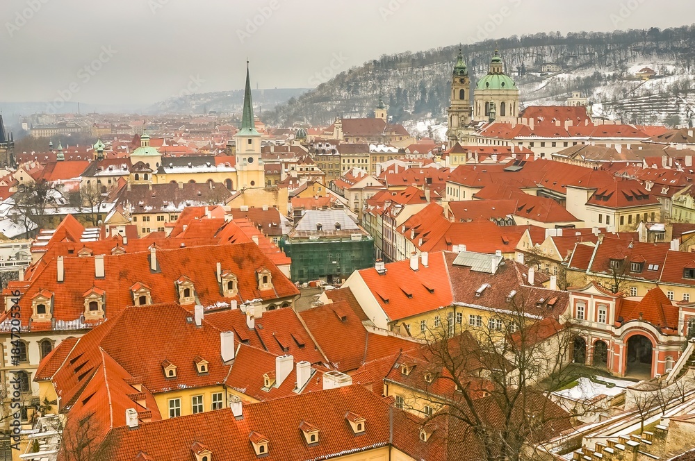 Obraz premium Aerial view of Prague during the winter, Czech Republic