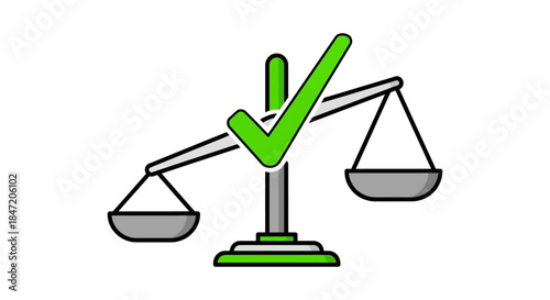 justice scale icon with green check mark symbolizing fair decision and legal compliance on white background for law and ethics design