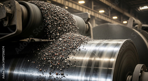 Crushed iron ore moves on a conveyor belt to be separated by a magnetic drum in an industrial setting