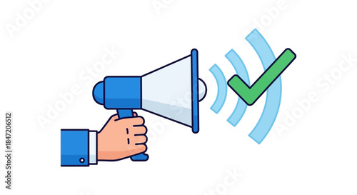 loudspeaker notification icon with green check mark hand holding megaphone sending approved message concept for alert and sound settings