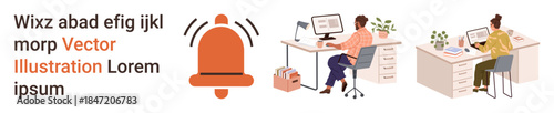 Remote work, teamwork, communication, productivity, office setup, digital workspace. People working at desks with computers, a notification bell icon. Remote work and teamwork concept