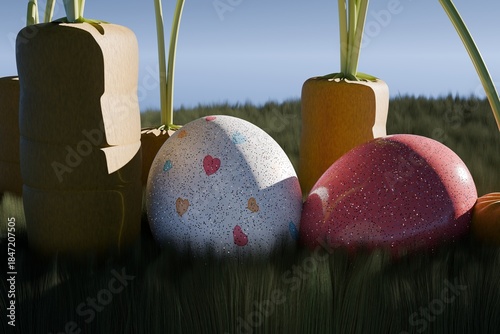 3d render of cheerful easter eggs and carrots in grassy field