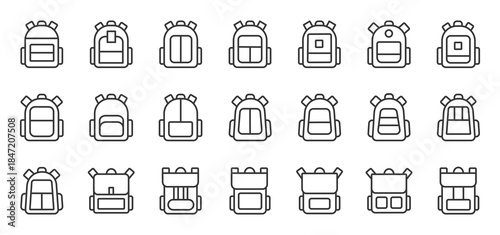 School backpack outline icon set. Contain various forms of school backpacks.