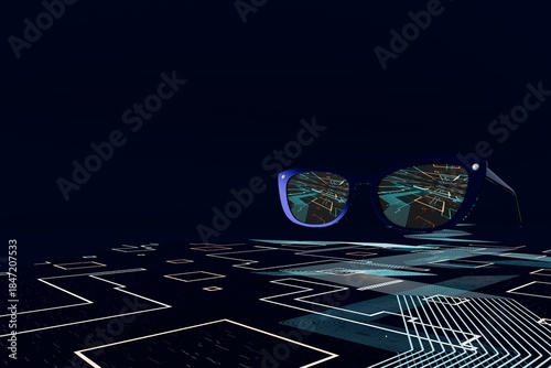 3d render of glasses with ai circuits showing in lenses