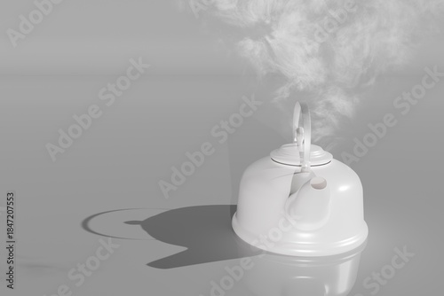 3d render of white tea kettle and steam