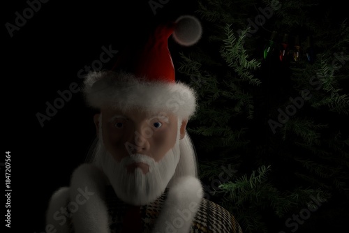 3d render of Santa Claus with fir tree and warm lighting