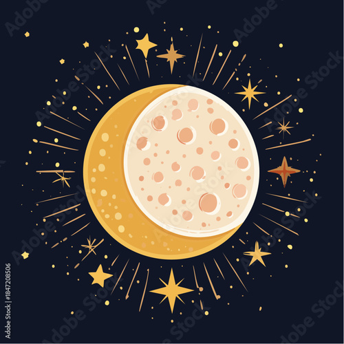 Celestial moon illustration. Vector mystical moon and stars on the dark background. Alchemy, magic, space clipart