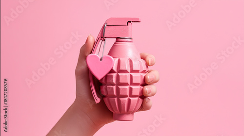 A woman's hand holding a pink-painted pomegranate with a heart-shaped pin against a pink background, explosive love concept