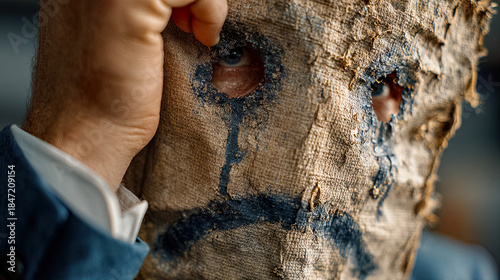 Person looking through burlap sad face mask
