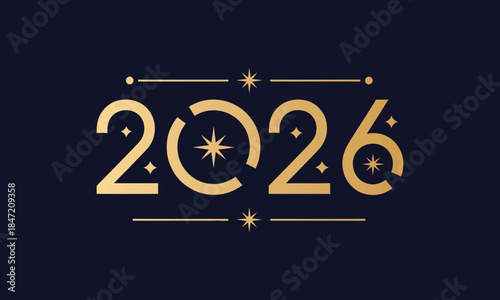 Golden 2026 new year celebration logo with sparkling stars