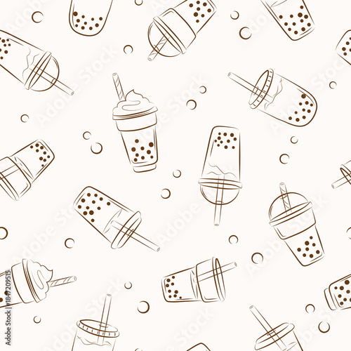 Doodle bubble tea glasses seamless pattern. Vector cocktail drink illustration