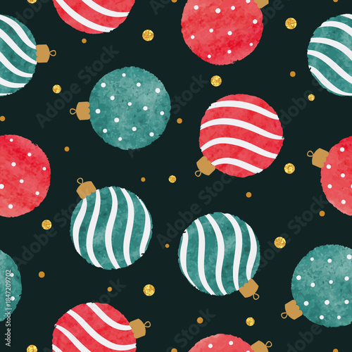 Christmas balls seamless pattern. Holiday watercolor background, wrapping pap...