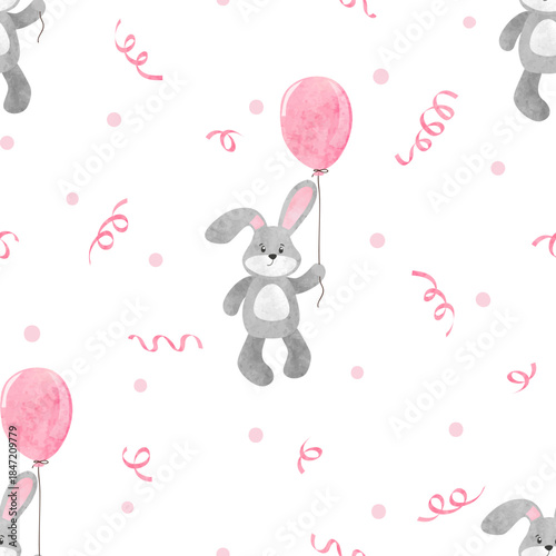 Toy bunny with balloon seamless pattern. Baby shower girl vector watercolor i...