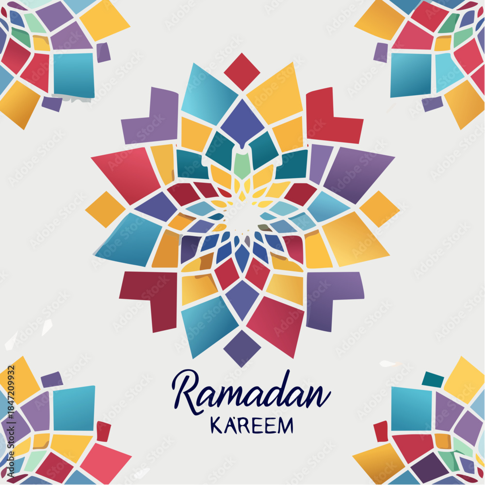 Fototapeta premium Arabic arabesque design greeting card for Ramadan Kareem, Islamic ornamental colorful detail of mosaic