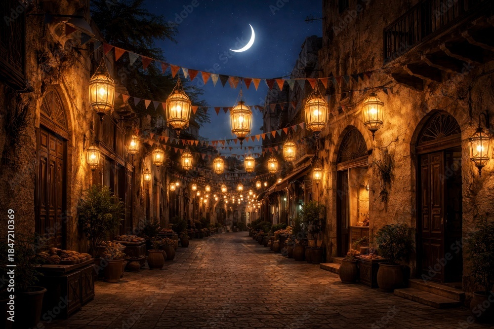 Obraz premium Ramadan Crescent Moon and Traditional Lanterns at Night