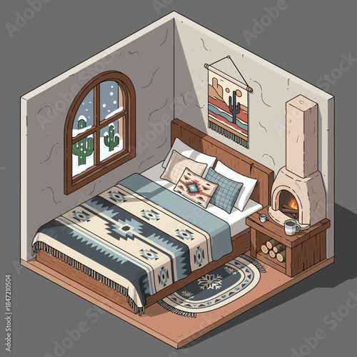 Cozy rustic bedroom interior with southwestern style decor and warm ambiance