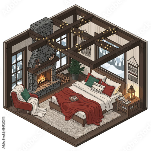 Cozy rustic bedroom with a stone fireplace and large windows capturing a snowy landscape