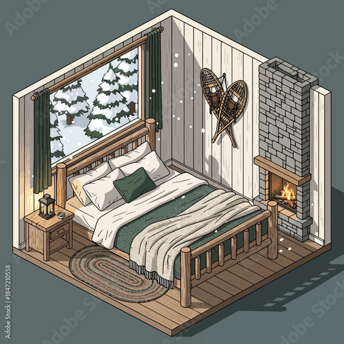 cozy rustic bedroom with fireplace and winter view inside a cabin