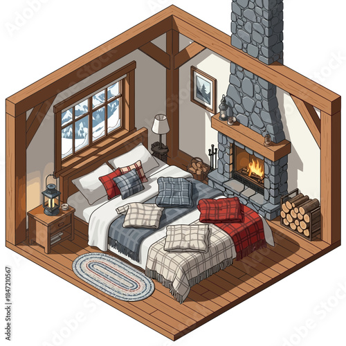 Cozy rustic bedroom with fireplace and wooden decor for relaxing retreat