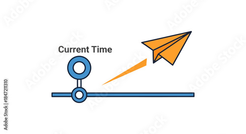 project launch timeline concept with paper airplane taking off from current time marker minimalist flat business illustration