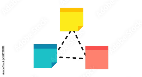 project management workflow concept with three connected sticky notes forming triangle diagram for teamwork planning and collaboration