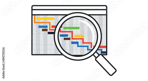 project management gantt chart under magnifying glass analyzing colorful task schedule timeline for planning tracking and workflow reports