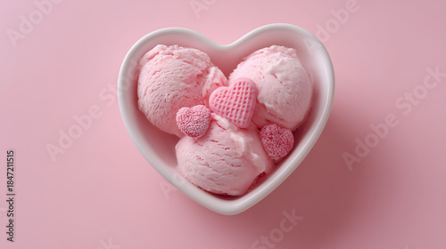 Soft pastel pink ice cream served in a heart-shaped bowl, styled in a clean and minimal composition.