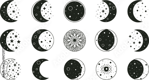 Moon Phase icon vector set. Mystic Celestial illustration sign collection. Boho Moon symbol or logo.
