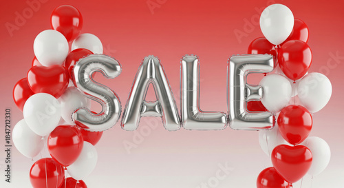 Bright and festive marketing composition featuring the word SALE spelled out in large glossy red foil balloons.