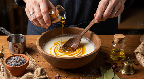 A close-up shot of a person pouring natural oils from small glass beakers into a creamy white soap base