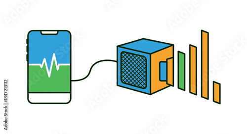 smartphone connected to portable speaker with audio waveform bars minimalist flat illustration for music streaming app podcast promotion