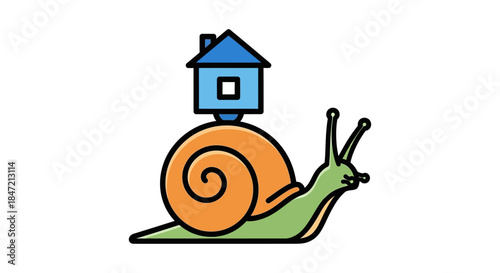 slow real estate market concept with cute snail carrying blue house icon flat vector illustration for mortgage delay and housing crisis