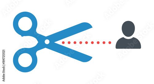 social distancing concept with scissors cutting connection to person icon simple flat illustration for quarantine and coronavirus isolation