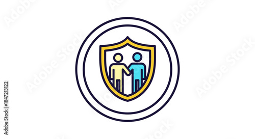 social protection insurance icon showing two people holding hands inside shield concept for community support and safety programs